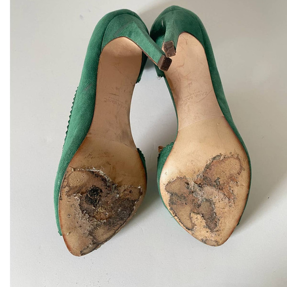 Zara Scalloped Green Peep Toe Sandal Heels, Size 38 🔴 - Picture 5 of 7